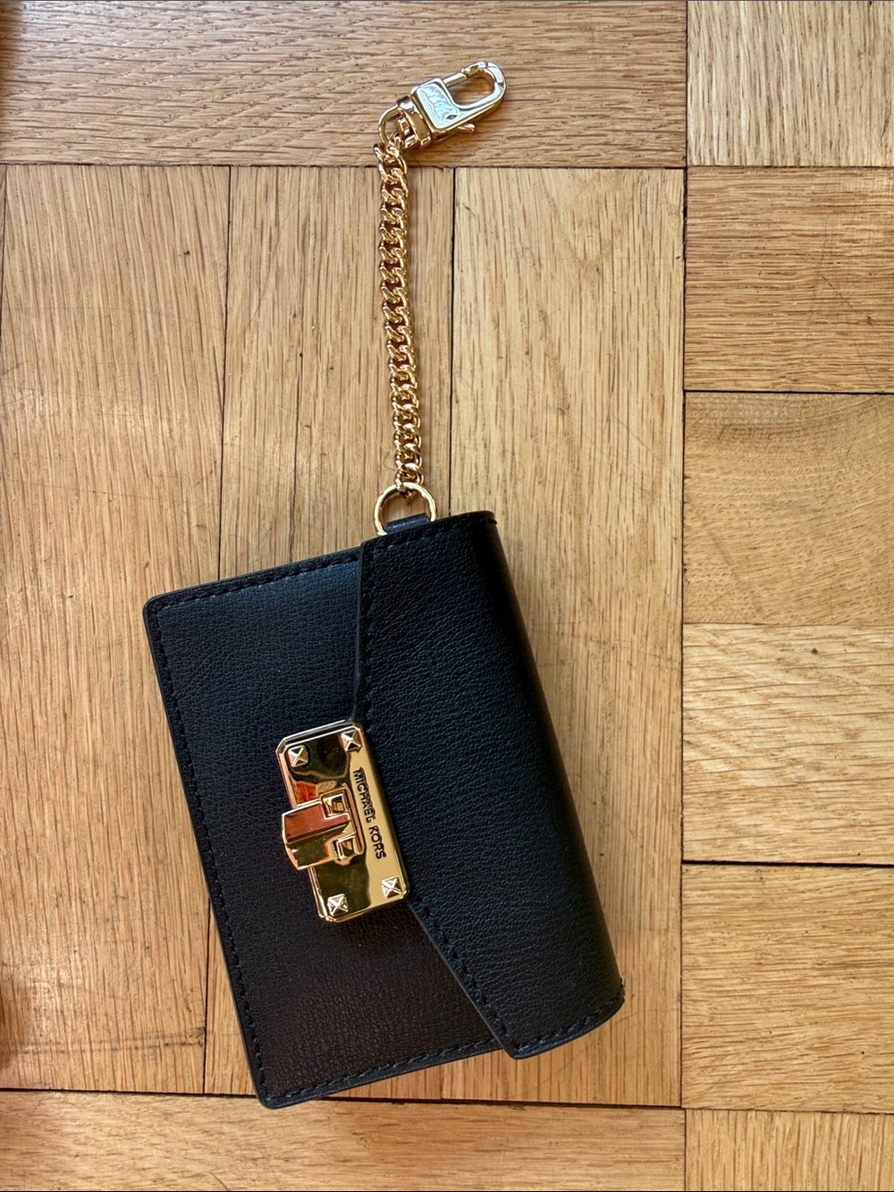 Michael Kors Black Leather Card Case with Gold Chain and Plate